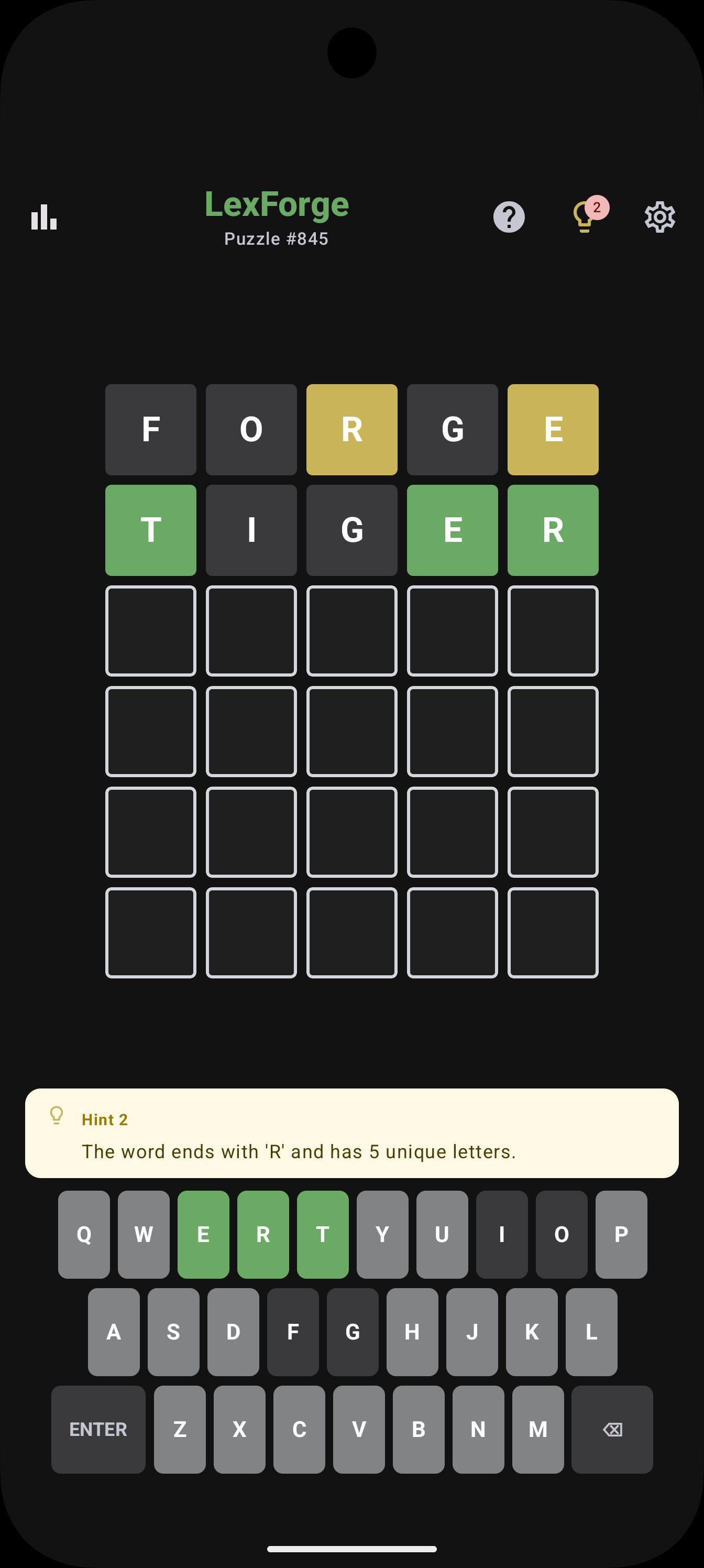LexForge puzzle in dark mode showing FORGE and TIGER guesses with hint