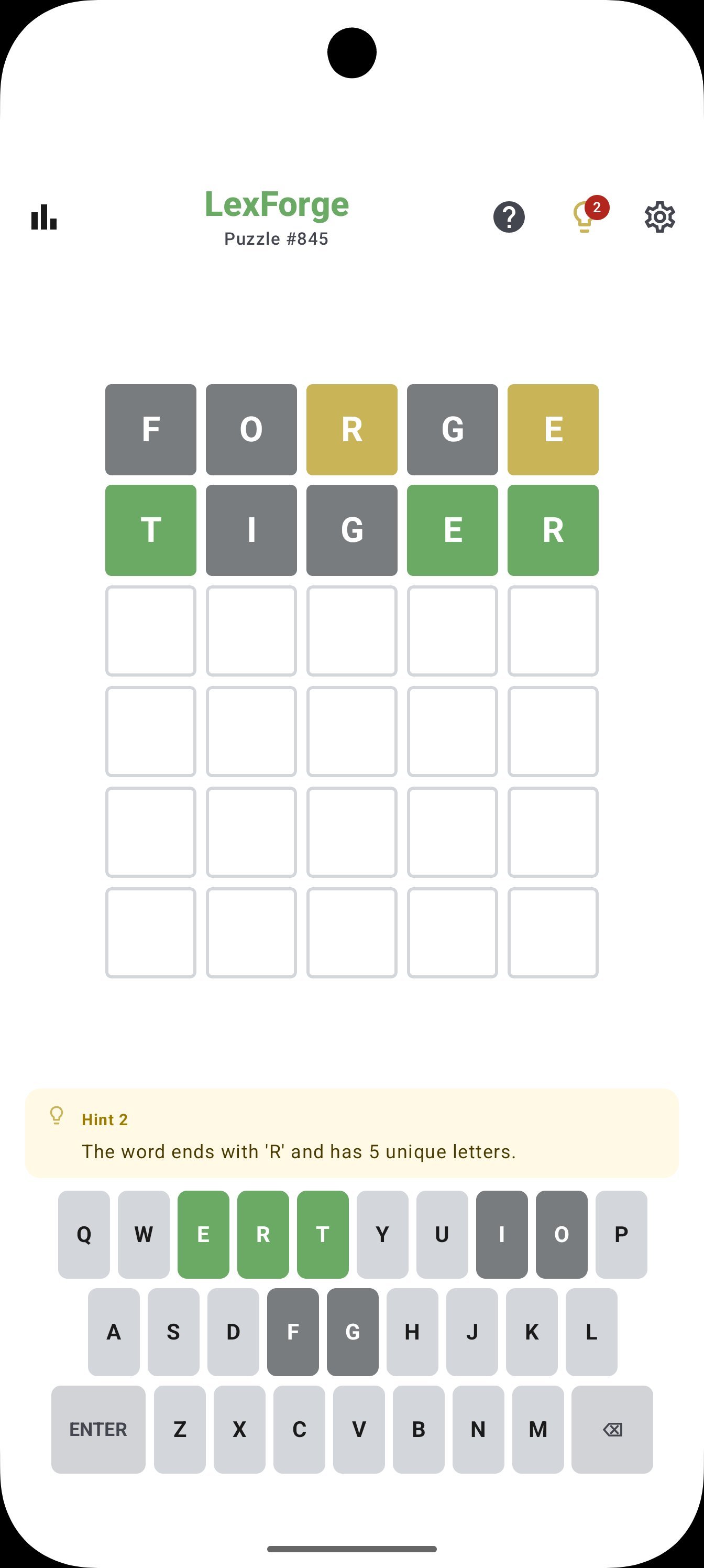 LexForge puzzle in light mode showing the same puzzle with hint enabled