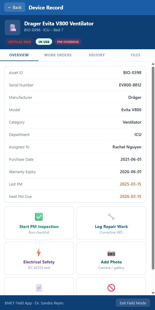 WorkOrder Pro device record showing ventilator details and PM history